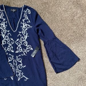 Blue & White Mini Dress with Bell Sleeves • Lulus